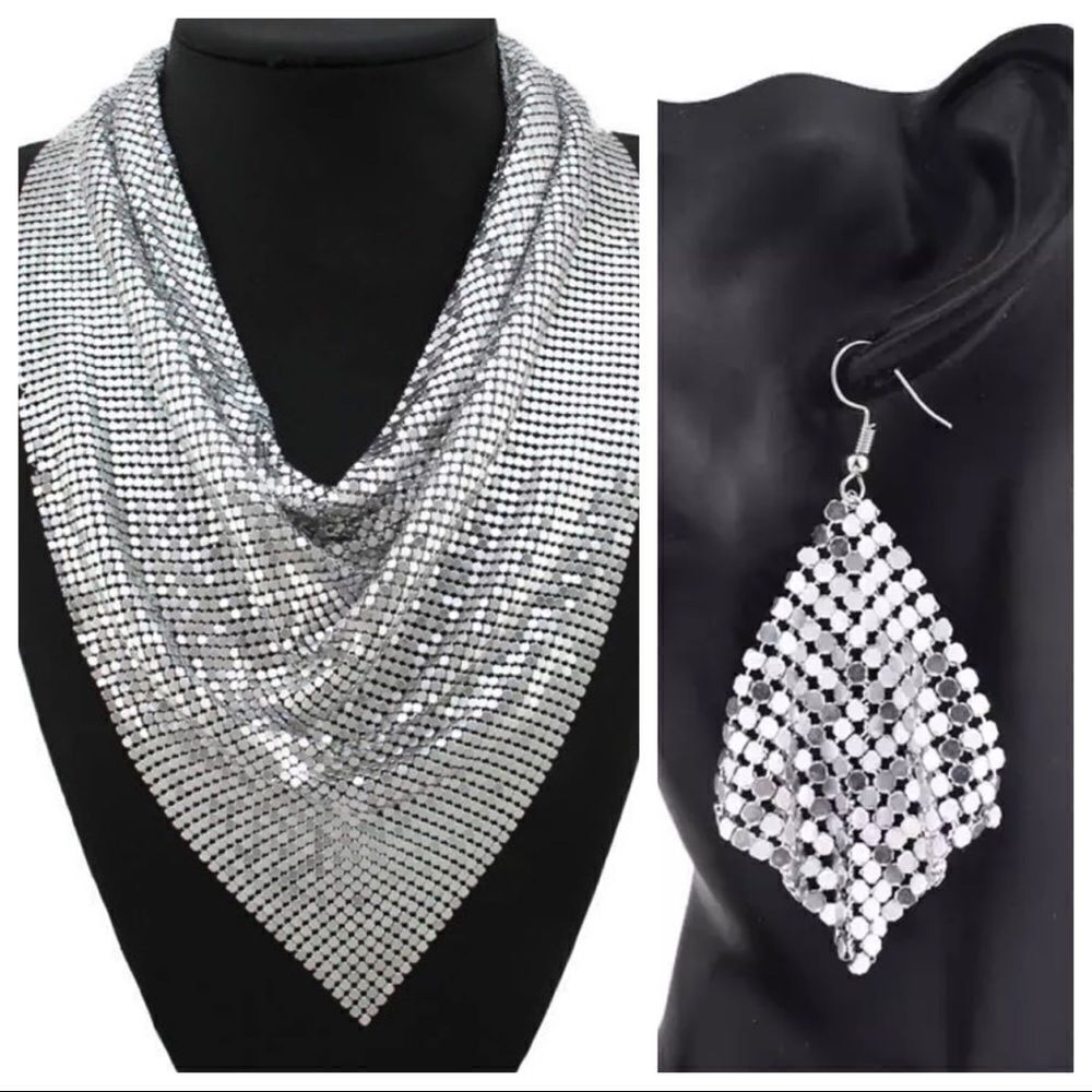 ‎METAL MESH STATEMENT NECKLACE SET SILVER